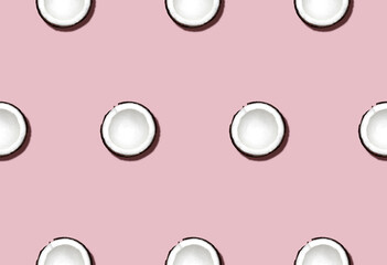 Seamless pattern with coconuts. Halved ripe coco on pink backdrop. Minimal style