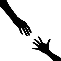 The helping hand reaches out to the other hand. Vector illustration. Black silhouettes isolated on white background.