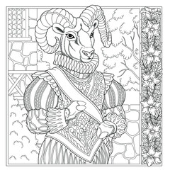 Floral adult coloring book page. Fairy tale goat. Male animal in costume with flower frame. 