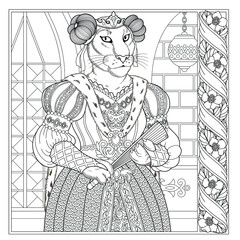Floral adult coloring book page. Fairy tale lioness. Female animal in dress with flower frame. 