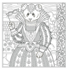 Floral adult coloring book page. Fairy tale panda bear. Female animal in dress with flower frame. 