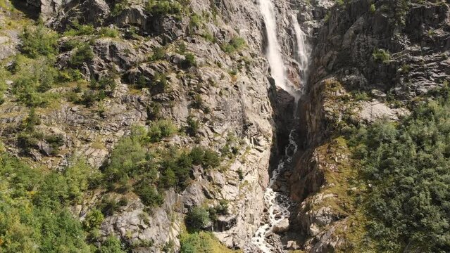 Aerial view of the Shdugra Waterfall in Caucasus mountains in Georgia