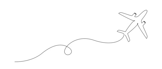 One Continuous line drawing of flying up airplane path. Concept of world travel and international flight with trace in simple linear style. Editable stroke. Doodle Vector illustration © Olga Rai