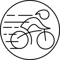 Fast riding cyclist isolated on transparent background. Vector round black and white icon with thin lines. Line thickness editable