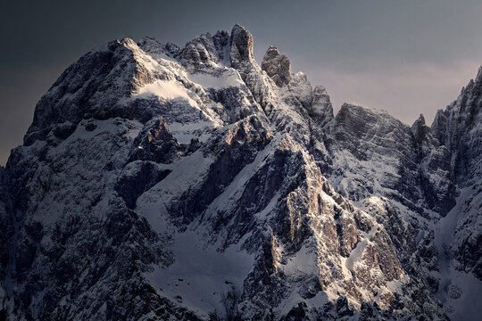 Snowy Dolomites peak hit by sunlight at sunset, Dolomites, Trentino-Alto Adige