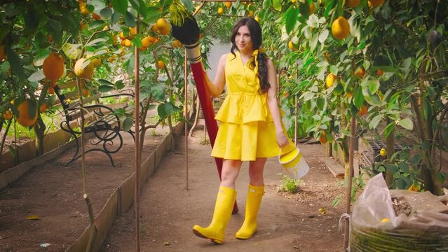 Beautiful fairytale fantasy happy woman creator holding large paintbrush yellow paint in hands. Short dress rubber boots. fruit lemon trees garden. girl painter artist decorator with brush paints