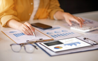 Businesswoman financial expert analyzes business report graph and chart at the office. Concept of...
