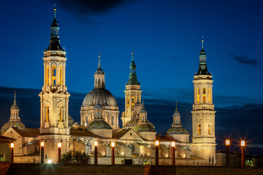 Basilica del Pilar Cathedral with tower details at night, Zaragoza, Aragon