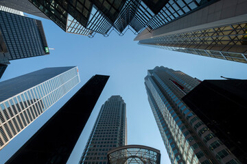 Looking up at skyscrapers on Bay Street, Downtown Toronto, Toronto, Ontario