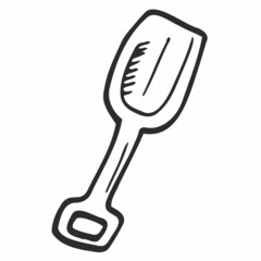 Shovel. Children toy for beach games. Vector illustration. Outline on an isolated white background. Doodle style. Sketch. Inventory for building a castle on the sand and snow removal. Plastic scoop.