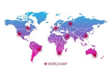 Vector world map infographic symbol. Blue pink gradient icon wirh borders and pointers. International global illustration sign. Design element for business, web, presentation, data