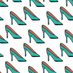 Obraz premium Seamless pattern with turquoise shoes on white background. Vector image.