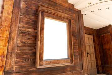 Cinema poster mockup in wooden frame front of entrance