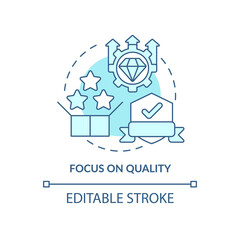 Focus on quality turquoise concept icon. Perfect output. Lean manufacturing principle abstract idea thin line illustration. Isolated outline drawing. Editable stroke. Arial, Myriad Pro-Bold fonts used