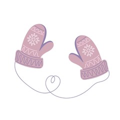 Hand drawn knitted mittens. Pair of cute patterned elements for winter design. Comfort and warmth concept. Vector illustration.