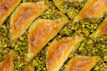 Pistachio baklava. Close-up of baklava in a tray. local name fistikli sobiyet baklava
