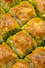 Pistachio baklava. Close-up of baklava in a tray. local name fistikli baklava