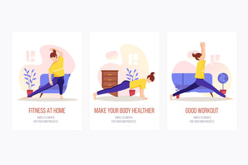 Fitness at home concept onboarding screens. Woman training, doing exercises or yoga, making body healthy. Modern UI, UX, GUI user interface kit with people scene for web design. Vector illustration