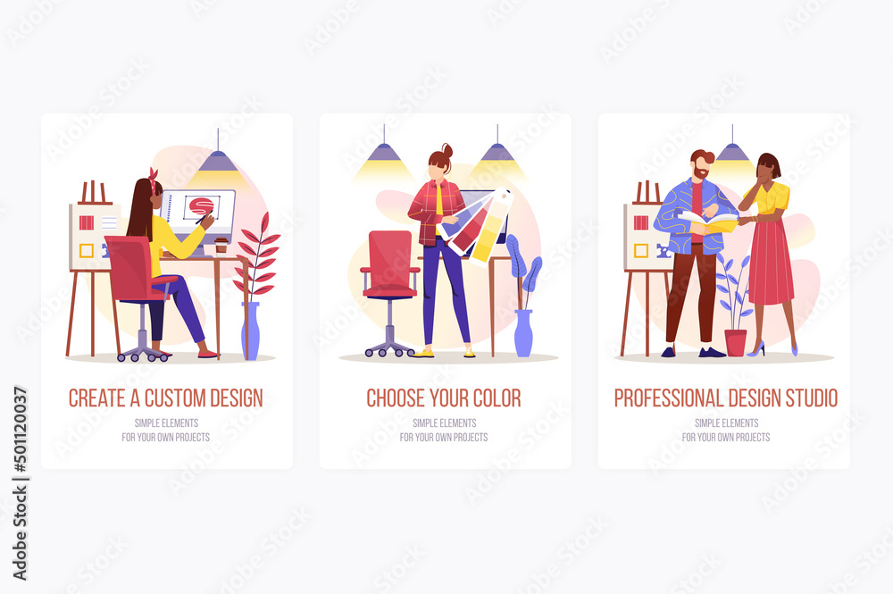 Poster design studio concept onboarding screens. team creates custom design, chooses colors and draws graph