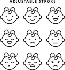 Minimalistic baby girl emotions icon set with adjustable stroke. Isolated vector design on white background.