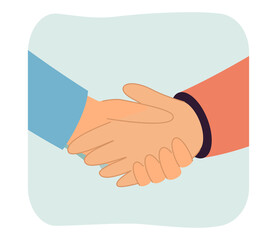 Handshake of business partners or friends on meeting. Male characters shaking hands together flat vector illustration. Partnership, agreement concept for banner, website design or landing web page