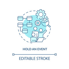 Hold event turquoise concept icon. Team project. Value stream mapping best practice abstract idea thin line illustration. Isolated outline drawing. Editable stroke. Arial, Myriad Pro-Bold fonts used