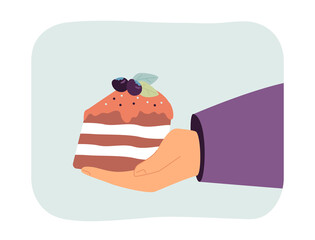Hand holding piece of delicious cake flat vector illustration. Yummy dessert with fresh blueberry. Pastry, food, birthday party concept for banner, website design or landing web page