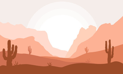 Desert landscape background. Desert area with sand, mountains and cactuses for landing page. - obrazy, fototapety, plakaty