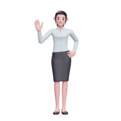 3d Business woman wear skirts and long shirts waving hand saying Hi