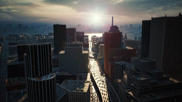 Aerial view New York urban city. Flying above big city, megapolis at sunrise. USA, North America