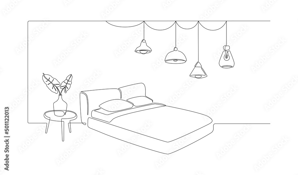 Poster continuous one line drawing of bed and table with vase with monstera leaf and hanging loft lamps. sc