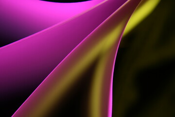 Abanico de color amarillo y rosa de papel en forma de curvas con luz incidente produce un hermoso diseño ilustrado abstracto de luces y sombras con fondo negro  