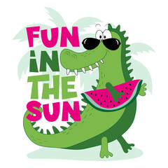 Fun in the sun - funny alligator with watermelon on island. Good for T shirt print, poster, card, label, and travel set.
