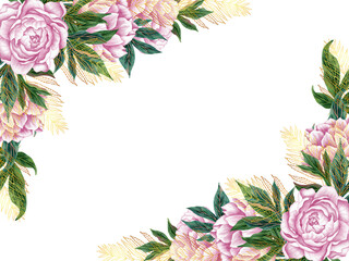 Watercolor flower frame with peonies. Peony wreath. Design for printing postcards, invitations to weddings, birthdays and summer holidays