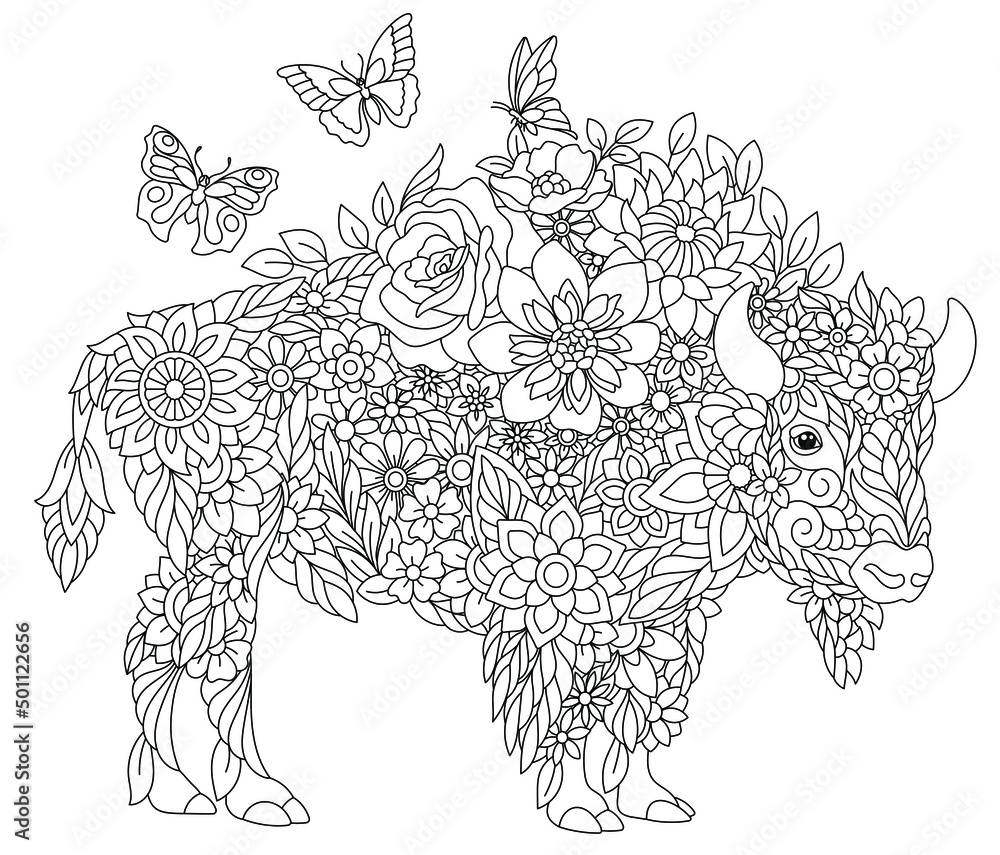 Wall mural floral adult coloring book page. fairy tale bison or buffalo. ethereal animal consisting of flowers,