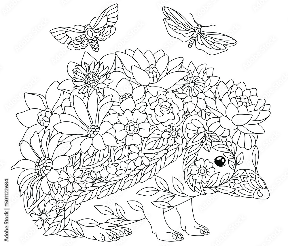 Wall mural floral adult coloring book page. fairy tale hedgehog. ethereal animal consisting of flowers, leaves 