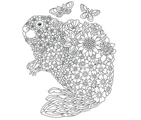 Floral adult coloring book page. Fairy tale beaver. Ethereal animal consisting of flowers, leaves and butterflies.  - obrazy, fototapety, plakaty