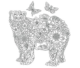 Floral adult coloring book page. Fairy tale polar bear. Ethereal animal consisting of flowers, leaves and butterflies. 