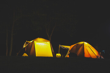 outdoor camping tent setting at night in the mountain landscape scene, nature camp in concept of...