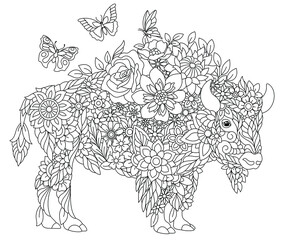 Floral adult coloring book page. Fairy tale bison or buffalo. Ethereal animal consisting of flowers, leaves and butterflies. 