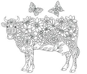 Floral adult coloring book page. Fairy tale cow. Ethereal animal consisting of flowers, leaves and butterflies. 