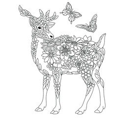 Floral adult coloring book page. Fairy tale deer. Ethereal animal consisting of flowers, leaves and butterflies. 