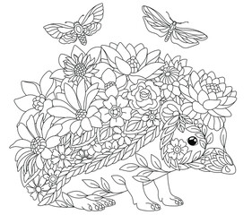 Floral adult coloring book page. Fairy tale hedgehog. Ethereal animal consisting of flowers, leaves and butterflies. 