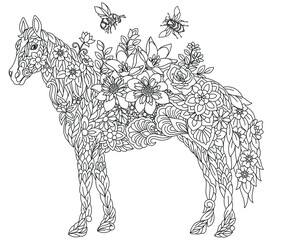 Floral adult coloring book page. Fairy tale horse. Ethereal animal consisting of flowers, leaves and honey bees. 