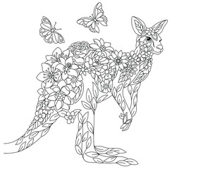 Floral adult coloring book page. Fairy tale kangaroo. Ethereal animal consisting of flowers, leaves and butterflies. 