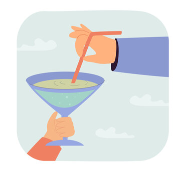 Male hand putting straw in cocktail glass. People drinking alcohol in bar or restaurant and celebrating flat vector illustration. Party, toast concept for banner, website design or landing web page