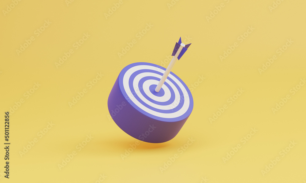 Poster purple dartboard with arrow on yellow background for setup challenge business objective target and g