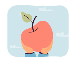 Hands holding huge apple flat vector illustration. Man eating natural eco fruits, enjoying fresh organic apple. Food, healthy lifestyle, vitamins concept for banner, website design or landing web page