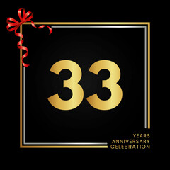 33th anniversary logo with golden and silver frame isolated on black background. 33 years Anniversary Celebration Design. vector design for greeting card, banner, birthday and invitation card.