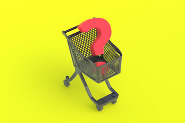 Market cart and question mark. Shopping concept. Purchase choice. Product quality. Unknown sales. Secret price. Support department. Hidden cost. 3d render